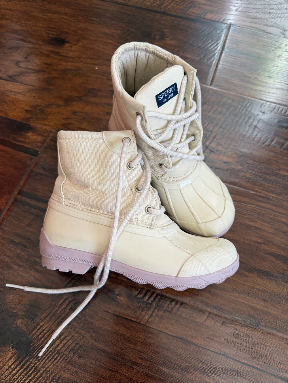 Sperry Kids Cream and Light Pink Lace-Up Duck Boots
